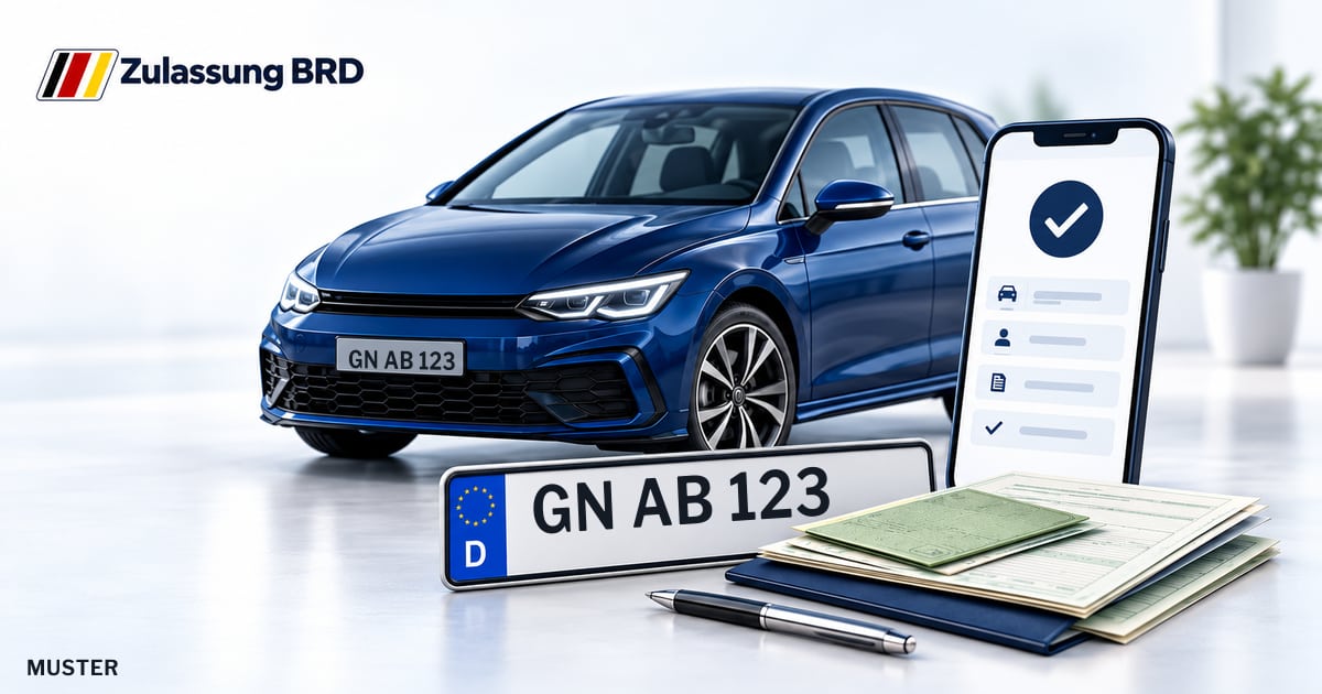Online Fahrzeugzulassung in Bruchköbel: Musterkennzeichen GN AB 123, Auto und Fahrzeugpapiere und Smartphone. Illustration mit Logo von Zulassung BRD.